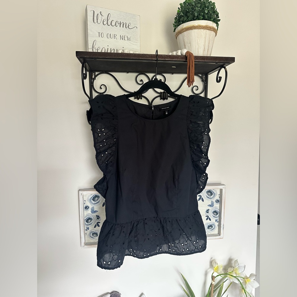 Who What Wear Black Eyelet Ruffle Blouse